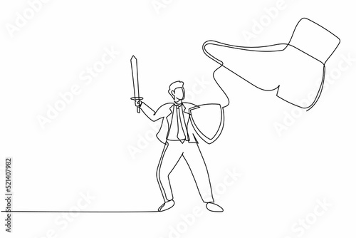 Single continuous line drawing active businessman fight to giant foot with shield and sword. Manager against big shoe stomp with weapon. Minimalism metaphor. One line draw design vector illustration