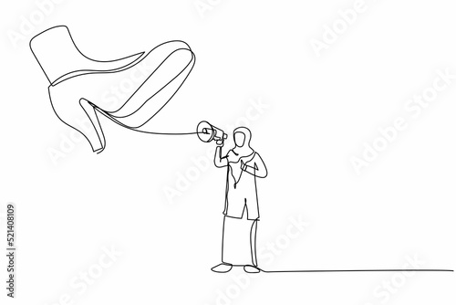 Continuous one line drawing young Arabian businesswoman protest with megaphone under giant shoe. Female manager under tyranny, dictatorship concept. Single line draw design vector graphic illustration
