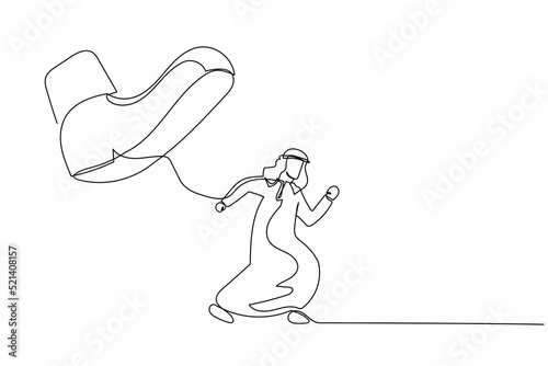 Continuous one line drawing brave Arabian businessman run away from stomping foot. Male employee oppressed by boss with under big shoe. Minimalist metaphor. Single line draw design vector illustration