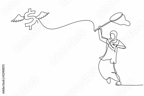 Single continuous line drawing Arabian businesswoman try to catching flying dollar symbol with butterfly net. Dollar inflation causes prices to rise. One line draw graphic design vector illustration