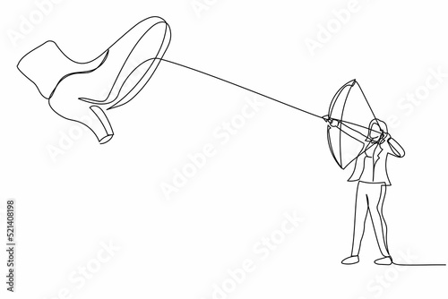 Continuous one line drawing brave businesswoman aiming bow against giant shoes stomping. Female archering against giant foot step. Minimalist metaphor. Single line design vector graphic illustration