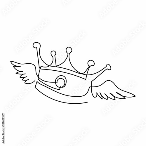 Single continuous line drawing flying crown with wings. Classic King crown badge with wings. Creative logo illustration design element for. Dynamic one line draw graphic design vector illustration