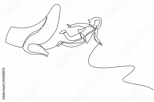 Single one line drawing businesswoman getting fired, flying through air after being kicked in the back. Minimalism metaphor concept. Modern continuous line draw design graphic vector illustration