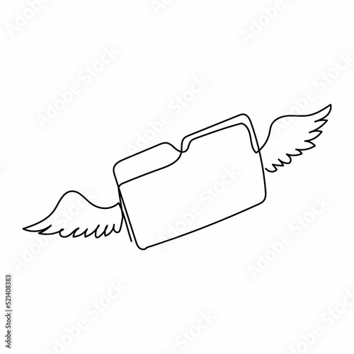 Single continuous line drawing flying document folder with wings. Minimal design folder with files, paper icon symbol. File management concept. Dynamic one line draw graphic design vector illustration