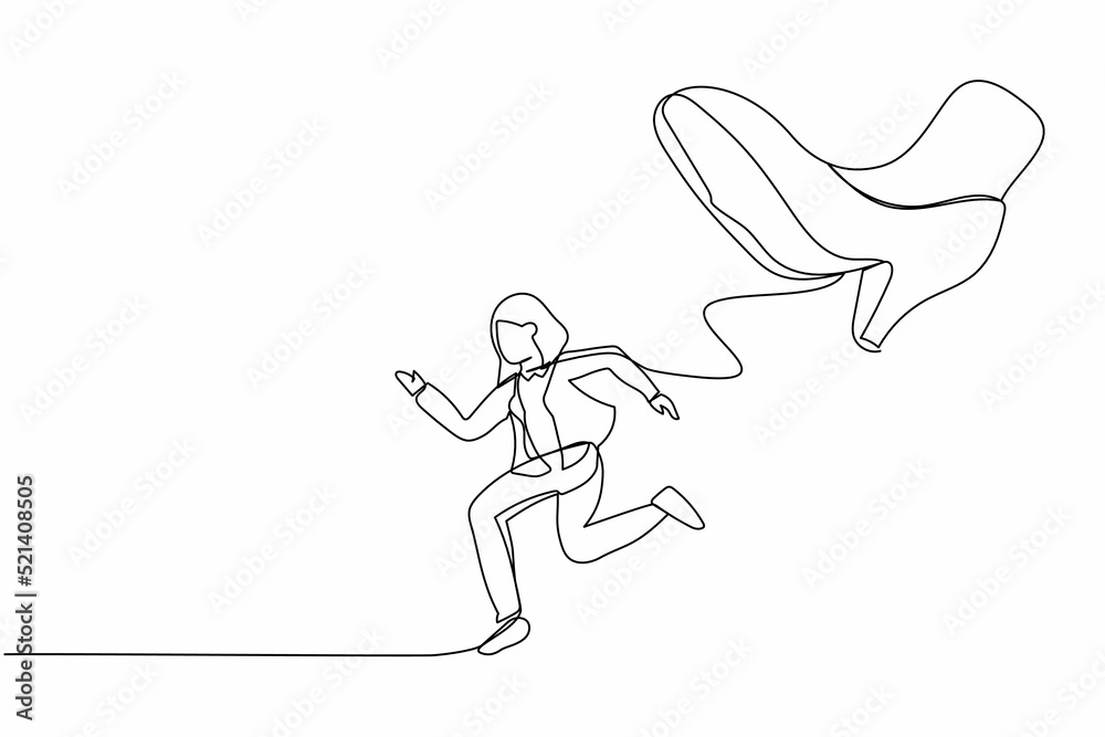 Single one line drawing businesswoman run away from stomping foot. Office worker running from giant unfair business competition. Minimalism metaphor. Continuous line graphic design vector illustration