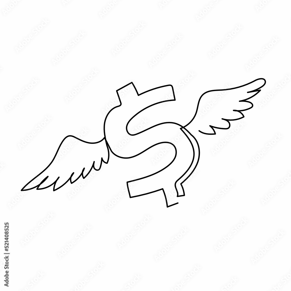Obraz premium Single one line drawing flying American dollar symbol with wings. Symbolizing the rise of the dollar in market. Dollar symbol and wings. Modern continuous line draw design graphic vector illustration