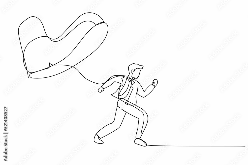 Single continuous line drawing businessman run away from stomping foot. Male employee oppressed by the boss with under big shoe. Minimalist metaphor. One line draw graphic design vector illustration