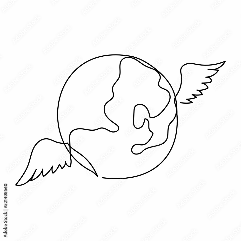 Single continuous line drawing flying globe with wings. World travel wings and globe emblem logo. Inspiration and encouragement concept. Dynamic one line draw graphic design vector illustration Single continuous line drawing flying globe with wings. World travel wings and globe emblem logo. Inspiration and encouragement concept. Dynamic one line draw graphic design vector illustration