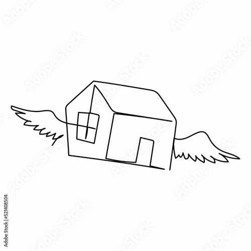 Single one line drawing flying house logo with wings. House of wings in weightlessness. Flying dream and hope. Flying high for property company. Continuous line draw design graphic vector illustration