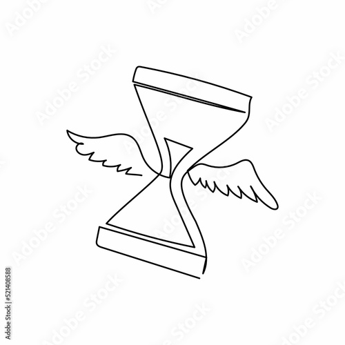 Single one line drawing flying hourglass with wings. Flying sand clock hourglass and time logo symbol. Winged sand glass deadline metaphor. Modern continuous line design graphic vector illustration