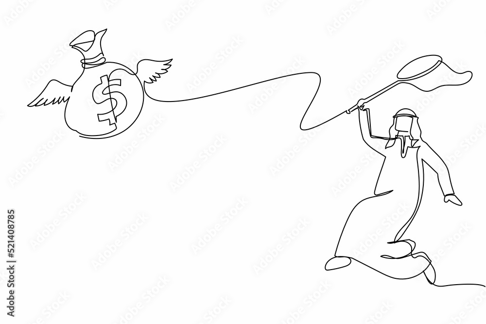 Fototapeta premium Single one line drawing Arabian businessman try to catching flying money bag with butterfly net.