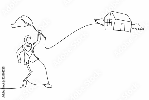 Continuous one line drawing Arabian businesswoman try to catch flying house with butterfly net. Losing house due to failed to pay mortgage to bank. Single line draw design vector graphic illustration