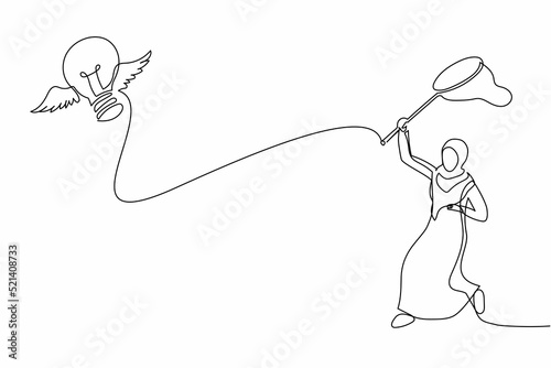 Single continuous line drawing Arab businesswoman try to catching flying light bulb with butterfly net. Losing brilliant idea for business improvement. One line draw graphic design vector illustration