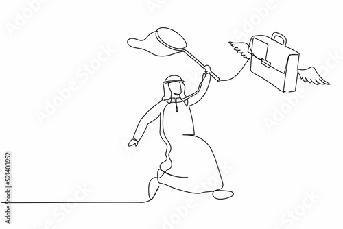 Continuous one line drawing Arab businessman try to catching flying briefcase with butterfly net. Losing career path and bad performance. Business metaphor. Single line draw design vector illustration