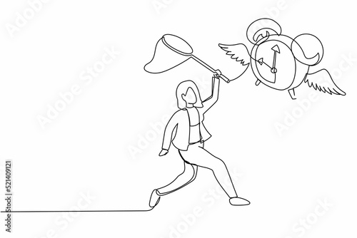 Continuous one line drawing businesswoman try to catching flying alarm clock with butterfly net. Hard to keep up with business project deadlines. Single line draw design vector graphic illustration