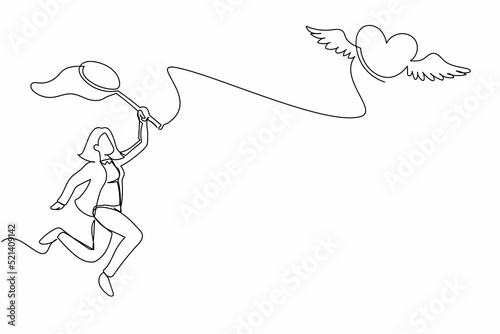 Single continuous line drawing businesswoman try to catching flying heart with butterfly net. Breakup concept. Relationship that can t be continued. One line draw graphic design vector illustration