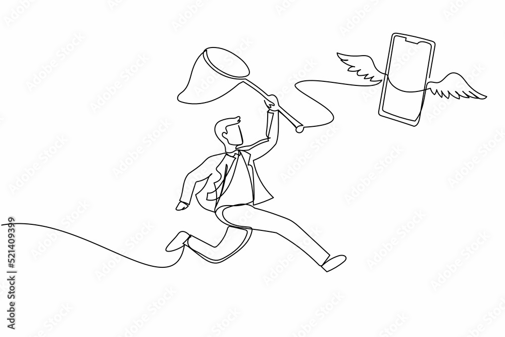 Single continuous line drawing businessman try to catching flying smartphone with butterfly net. Talking, communication, technology, speaking concept. One line draw graphic design vector illustration Single continuous line drawing businessman try to catching flying smartphone with butterfly net. Talking, communication, technology, speaking concept. One line draw graphic design vector illustration