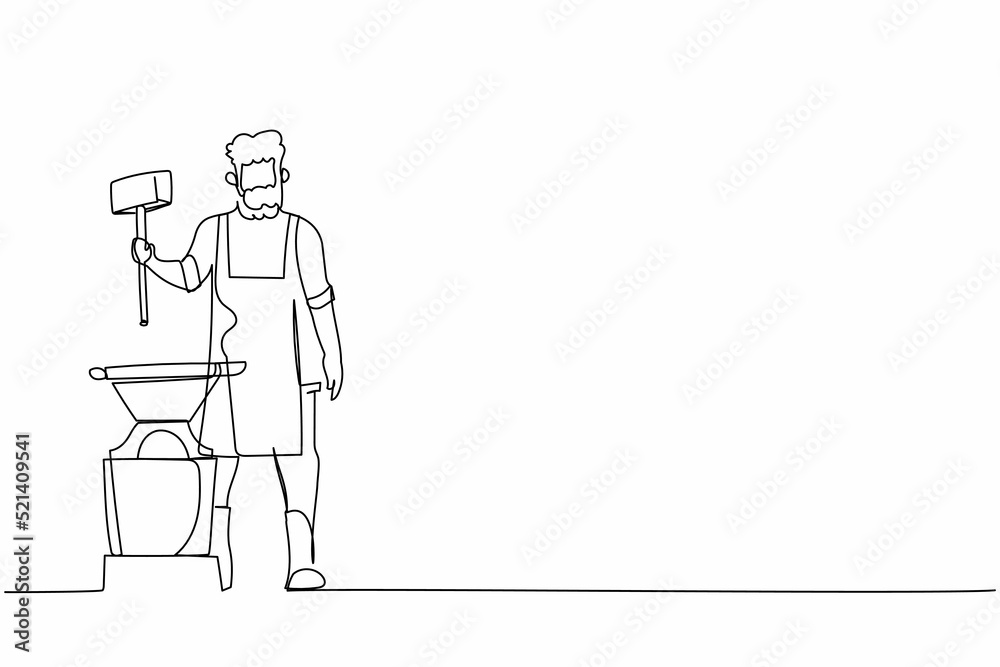 Single continuous line drawing bearded blacksmith wearing apron standing and holding hammer in front of the anvil. Craftsman working with iron at workshop. One line graphic design vector illustration Single continuous line drawing bearded blacksmith wearing apron standing and holding hammer in front of the anvil. Craftsman working with iron at workshop. One line graphic design vector illustration