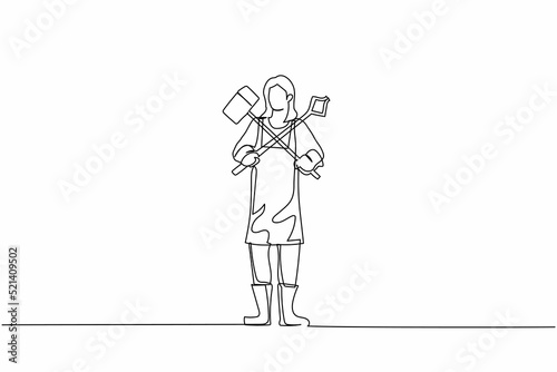 Single continuous line drawing cute female blacksmith standing wearing apron holding hammer and tongs crossed. Craftswoman work at metalwork workshop. One line draw graphic design vector illustration
