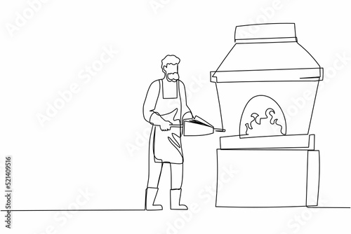 Continuous one line drawing bearded blacksmith standing wearing apron, pumping forge bellows. Craftsman at work furnace oven in metalwork workshop. Single line draw design vector graphic illustration