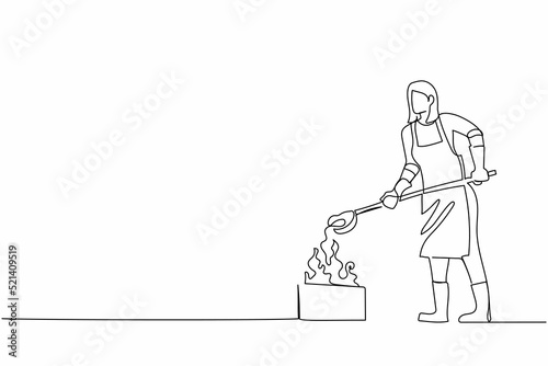 Single one line drawing female blacksmith wearing gloves and apron with melting casting and welding metallurgy process. Steel craft metalwork. Continuous line draw design graphic vector illustration