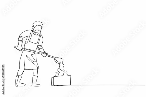 Single continuous line drawing blacksmith casting mold metal wearing protective uniform. Anvil worker male producing steel craft in metalwork workshop. One line draw graphic design vector illustration
