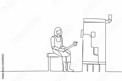 Single one line drawing female blacksmith sitting in workshop, wearing apron and holding tongs, working hard to maintaining furnace hot fire. Modern continuous line design graphic vector illustration