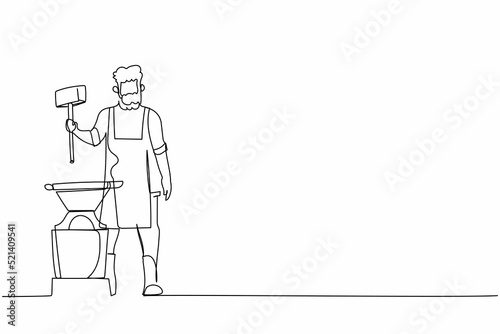 Single continuous line drawing bearded blacksmith wearing apron standing and holding hammer in front of the anvil. Craftsman working with iron at workshop. One line graphic design vector illustration