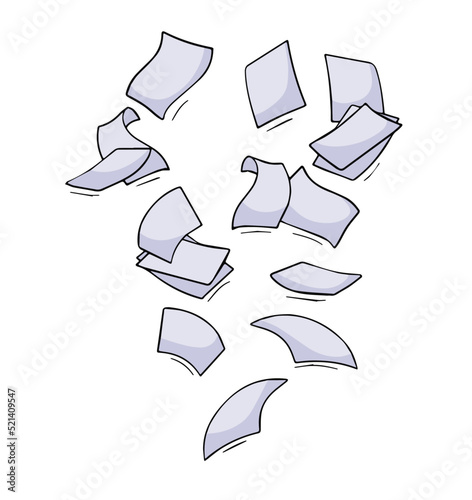 Paper files of documents fall down. Flying sheets. Blank sheet.