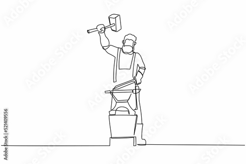 Continuous one line drawing bearded blacksmith forges small sword on the anvil. Young man blacksmith in apron standing working hard with hot iron. Single line draw design vector graphic illustration
