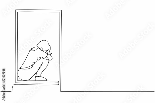Single continuous line drawing desperate young woman sitting on windowsill. Upset, depression, stress, melancholy, despair, frustration, life problems. One line draw graphic design vector illustration