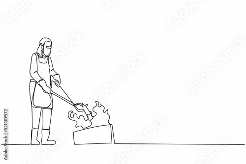 Single one line drawing female blacksmith master wearing apron, leather gloves and face shield put piece of blade into burning stove for making craft art. Continuous line design graphic illustration