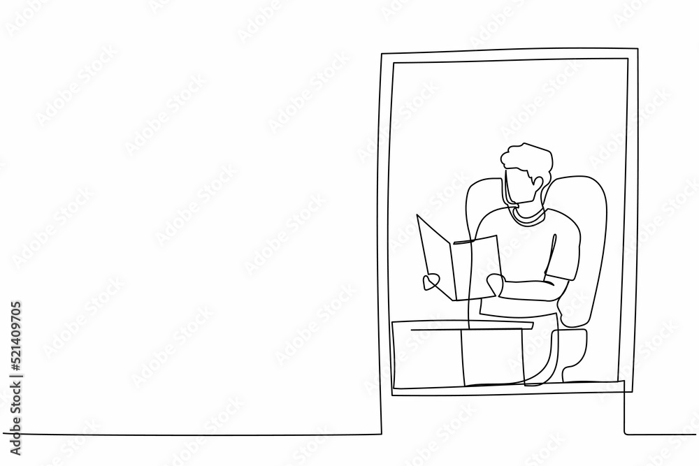 Single continuous line drawing man in chair at home with literature. Businessman reader. Person reading book, sitting in armchair by window in living room. One line graphic design vector illustration