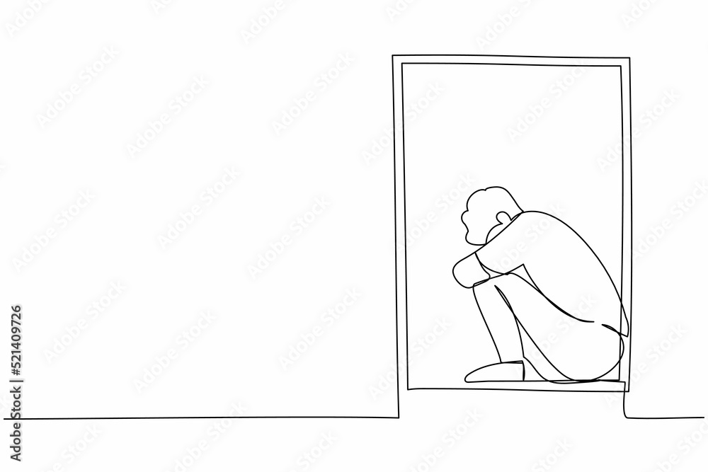 Continuous one line drawing depressed upset desperate man sit on windowsill. Depression, stress, melancholy, despair, frustration, life problems. Single line draw design vector graphic illustration Continuous one line drawing depressed upset desperate man sit on windowsill. Depression, stress, melancholy, despair, frustration, life problems. Single line draw design vector graphic illustration