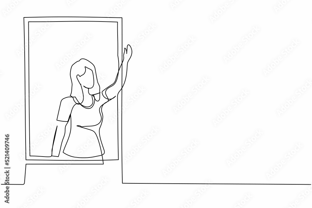 Single one line drawing young female waving at window as look like to greet or invite people to come in. Woman looking outside from windowsill. Continuous line draw design graphic vector illustration Single one line drawing young female waving at window as look like to greet or invite people to come in. Woman looking outside from windowsill. Continuous line draw design graphic vector illustration