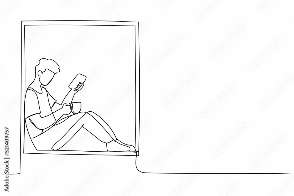 Single continuous line drawing comfortable relaxing at home with smartphone and hot drink. Young man sitting on windowsill with coffee, enjoying rest at home. One line draw design vector illustration Single continuous line drawing comfortable relaxing at home with smartphone and hot drink. Young man sitting on windowsill with coffee, enjoying rest at home. One line draw design vector illustration