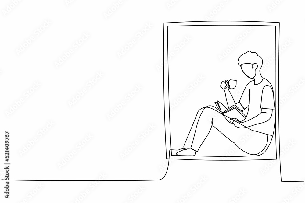 Continuous one line drawing man on windowsill with cup of hot coffee, tea. Stay at home, reading book. Enjoy atmosphere of day in window of room. Single line draw design vector graphic illustration