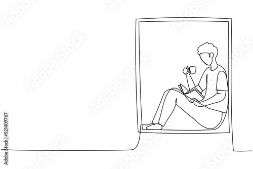 Continuous one line drawing man on windowsill with cup of hot coffee, tea. Stay at home, reading book. Enjoy atmosphere of day in window of room. Single line draw design vector graphic illustration