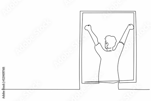 Single continuous line drawing back view relaxed man stretching arms in window after good night sleep. Good morning concept. Young male standing at window. One line graphic design vector illustration
