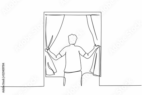 Single one line drawing happy man opening window curtains. Wake up and open curtains in morning to get fresh air. Young male standing at window. Continuous line draw design graphic vector illustration