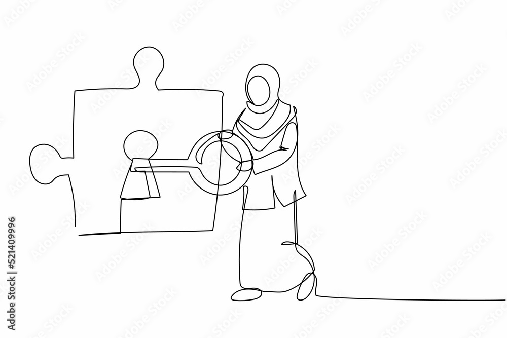 Single one line drawing Arab businesswoman put key into puzzle piece. Partnership or cooperation in business project. Teamwork solving complicated task. Continuous line draw design vector illustration