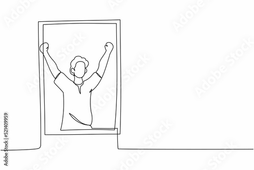 Continuous one line drawing happy man look out of window meet welcome new day breathe fresh air. Guy stretching in morning enjoy sunny weekend at home. Single line graphic design vector illustration