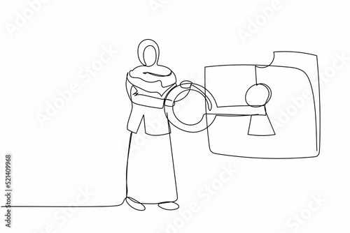 Single continuous line drawing Arabian businesswoman put key into folder. Unlock secret information. Digital folder locked in computer with key. Data security. One line draw design vector illustration