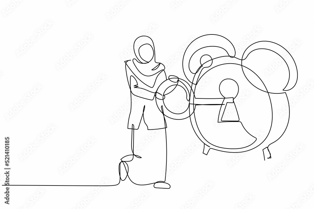 Single continuous line drawing Arabian businesswoman put key into alarm clock. Wake up from economic crisis metaphor. Manager unlock deadline business project. One line draw design vector illustration
