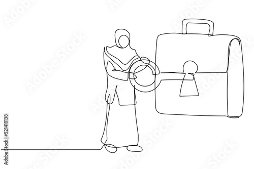 Continuous one line drawing Arabian businesswoman putting key into briefcase. Safety bag for secret document. Invest portfolio, securities, stock market. Single line draw design vector illustration