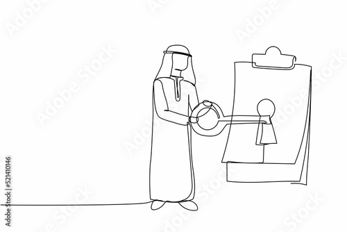 Single continuous line drawing Arabian businessman put big key into clipboard. Digital document or contract for security protection privacy with paper. One line draw graphic design vector illustration