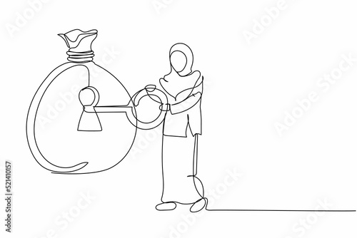 Continuous one line drawing Arabian businesswoman put key into money bag. Unlock business wealth. Safe haven for investment manager to manage money. Single line draw design vector graphic illustration