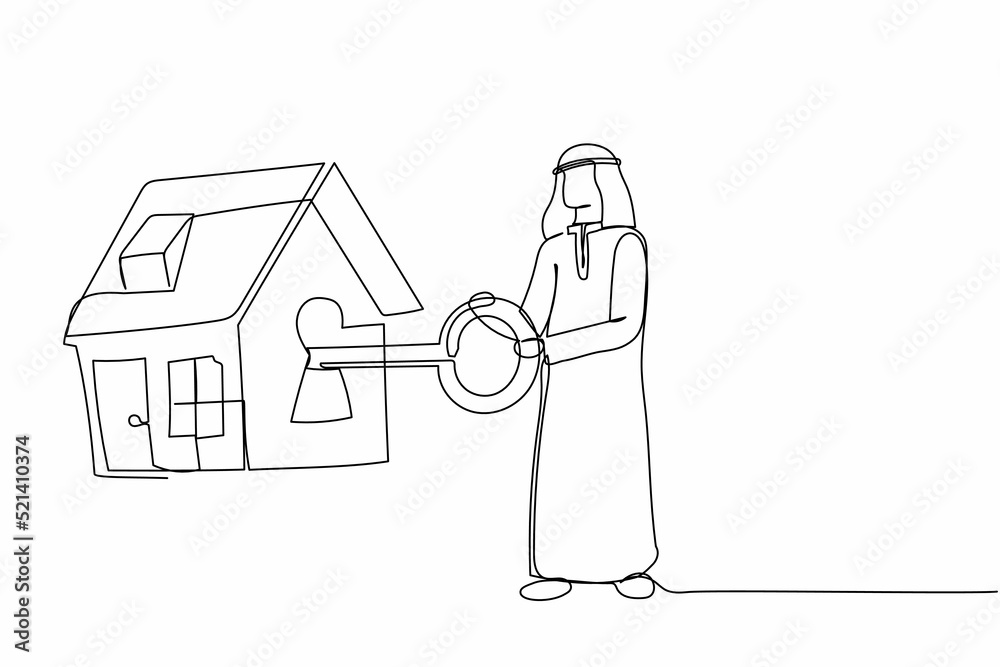 Single one line drawing Arab businessman putting big key into house. Arabian investor investing money in real estate. House loan, property mortgage. Continuous line design graphic vector illustration Single one line drawing Arab businessman putting big key into house. Arabian investor investing money in real estate. House loan, property mortgage. Continuous line design graphic vector illustration
