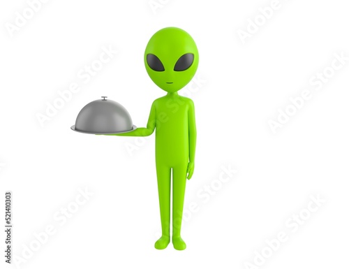 Alien character serving a meal under a silver cloche or dome in 3d rendering.