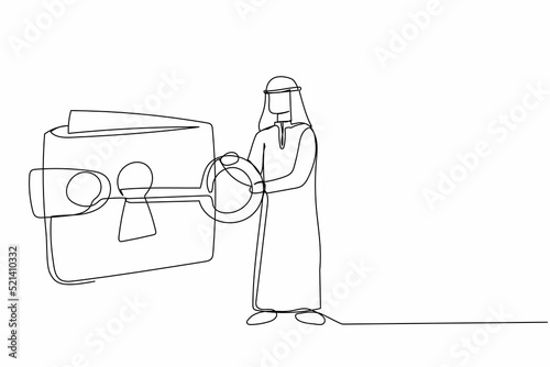 Single one line drawing Arab businessman putting big key into wallet. Personal money protection financial security. Unlock digital purse for shopping. Continuous line draw design vector illustration